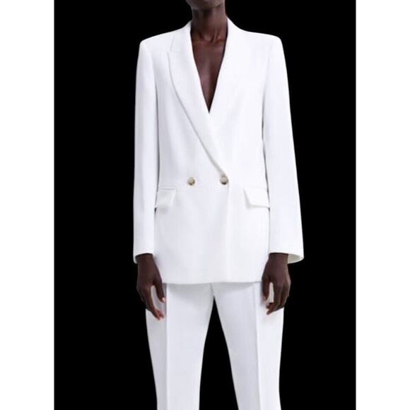 Zara Longline White Double Breasted‎ Blazer Women S Tailored Notch Collar Lined - Picture 16 of 16